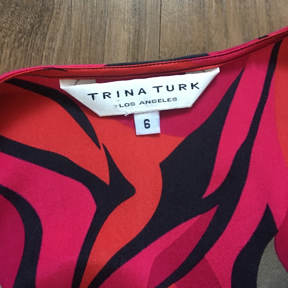 Trina Turk | Vintage Cowl Neck Colorful Silk Cocktail Party Dress - Red, Black - Picture 7 of 9